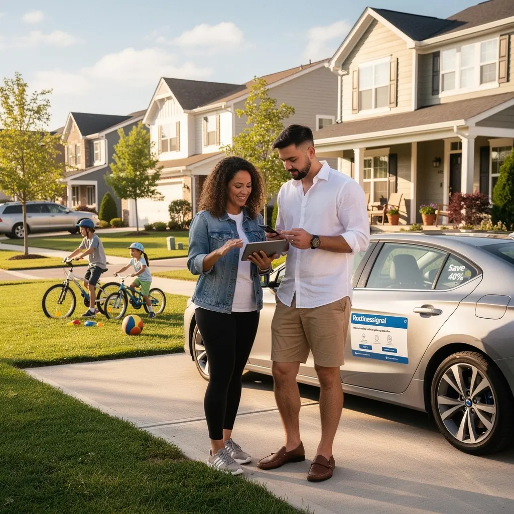 Widok na samochód zaparkowany przed biurem ubezpieczeniowym, symbolizujący oszczędności do 40% na polisach.